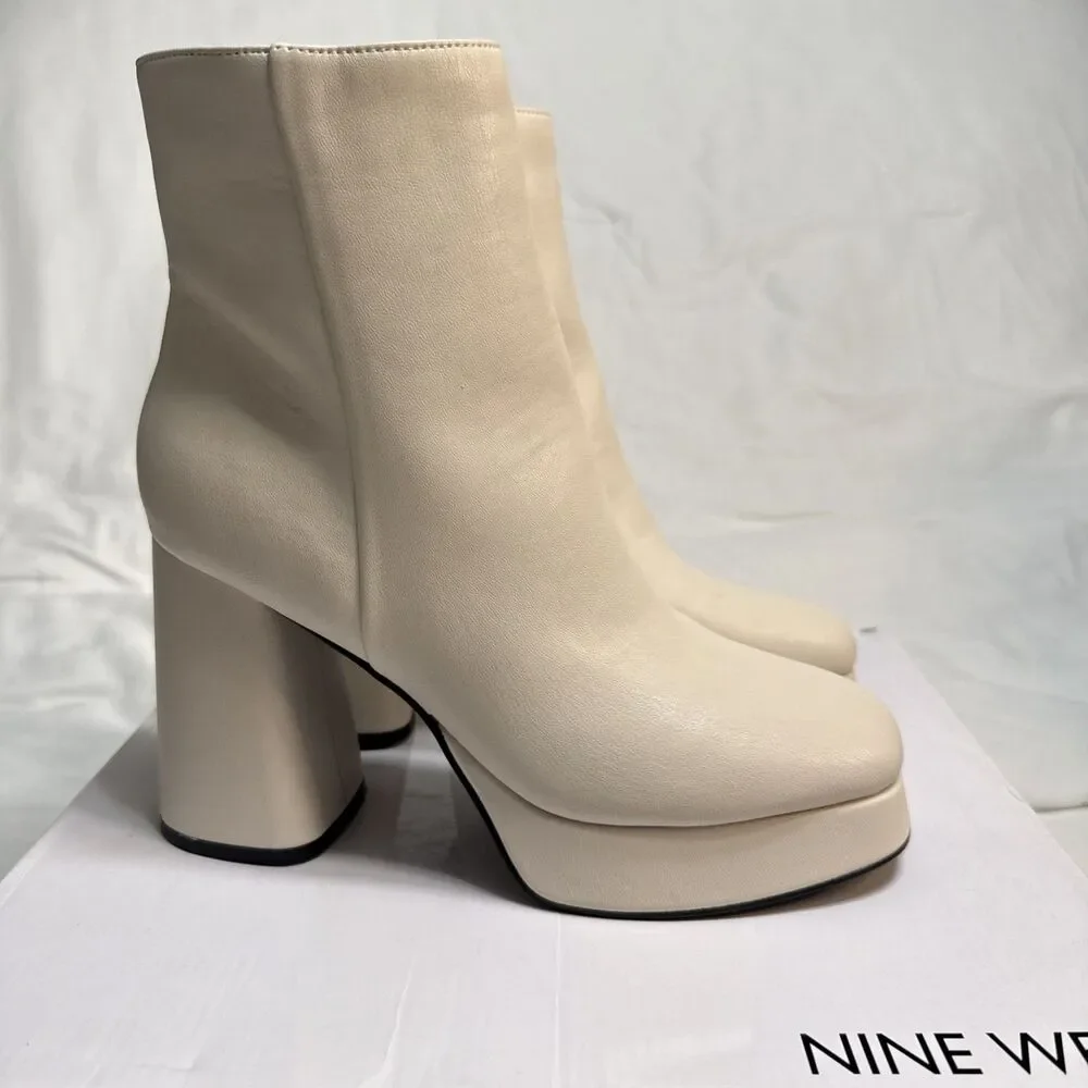 Nine West 7. Bootie Velo3 Ivory Platform Faux Leather Block Heel Ankle Boots NIB - Picture 5 of 11